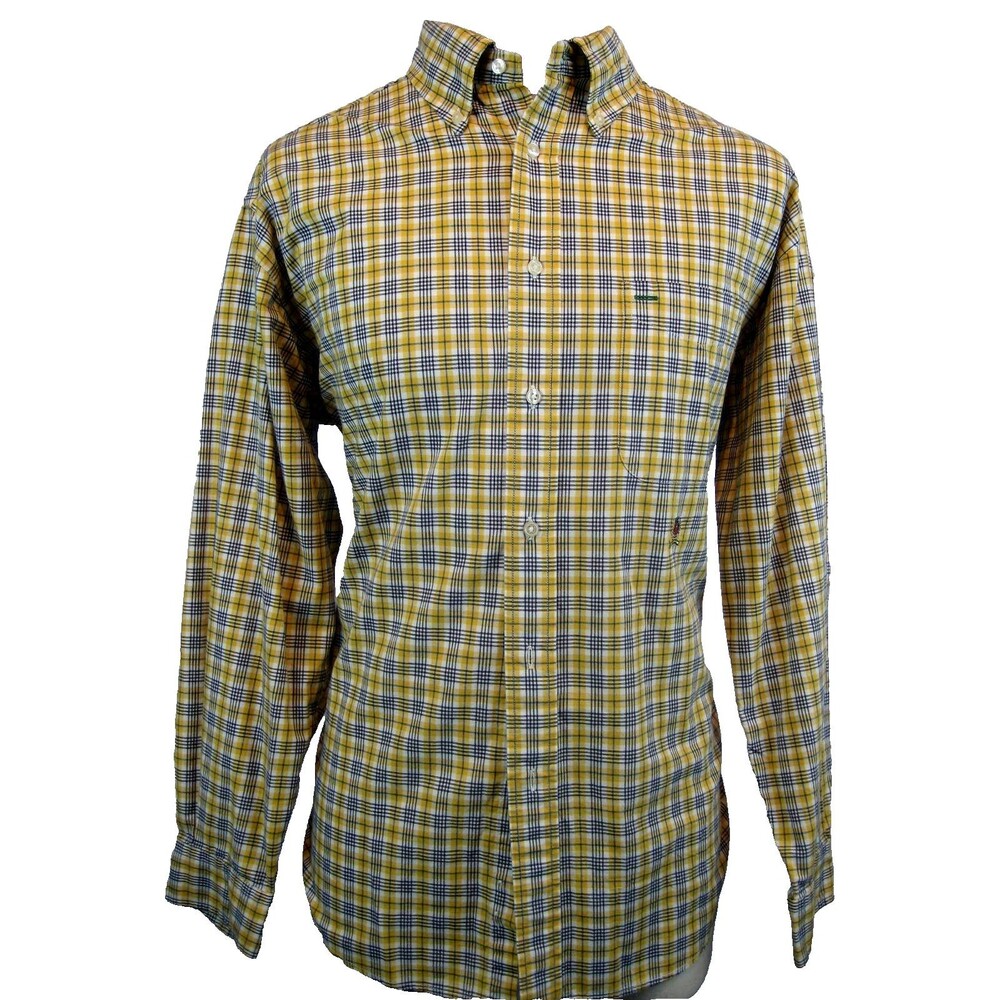 Mens Vntg Tommy Hilfiger 2 Ply Cotton Gold/Blk/Blue Checked LS Casual Shirt sz L